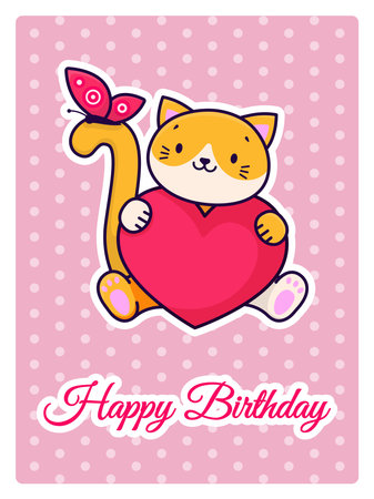 A cute cat holds a heart in its paws. Birthday card. Cartoon animal design. Vector illustration.のイラスト素材
