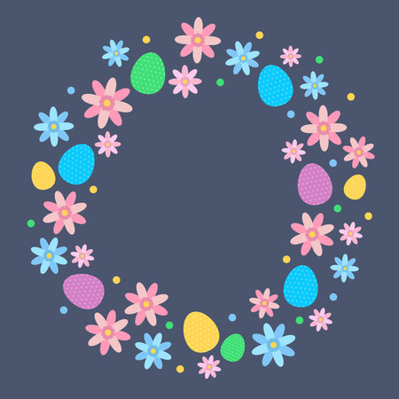 Happy easter card with lettering, flowers and eggs. Holiday vector illustration design in circular shapeのイラスト素材