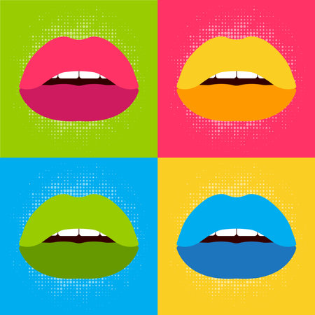 Pop Art Poster. Multicolored lips. Multicolored background. Vector illustrationのイラスト素材