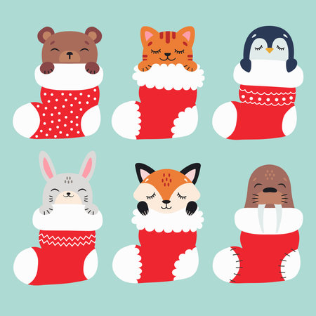 Set of Christmas stockings. Animals sleep in Christmas stockings. Christmas gift.のイラスト素材