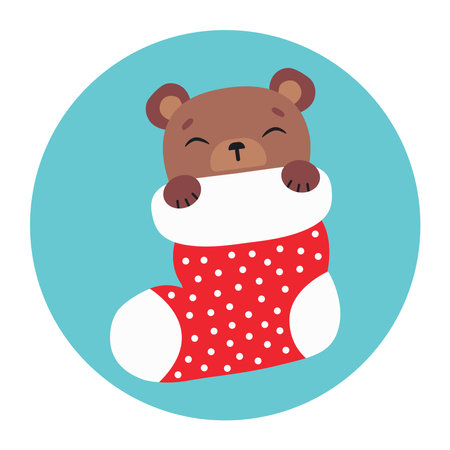 Cute bear sleeps in a Christmas stocking. Happy Holidays. Winter animal. Vector illustration.のイラスト素材