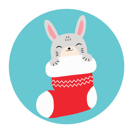 Cute hare sleeps in a Christmas stocking. Happy Holidays. Winter animal. Vector illustration.のイラスト素材