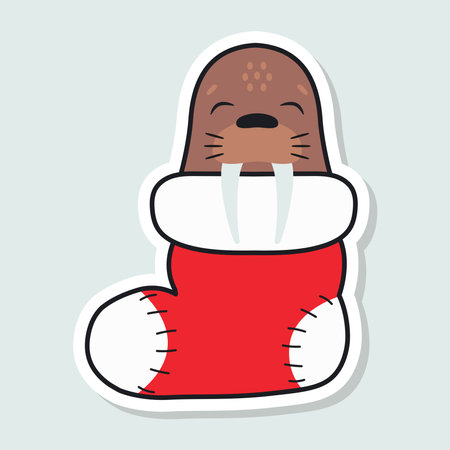 Cute walrus sleeps in a Christmas stocking. Cartoon sticker. Winter animal. Vector illustration.のイラスト素材