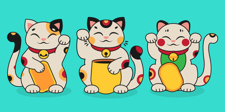 Isolated illustration of Maneki Neko. Three different characters of Asian happy cats. Japanese culture. Cartoon clipart. Vector illustration.のイラスト素材