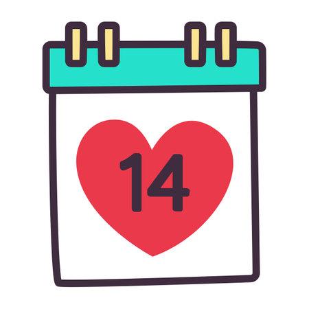 Valentines day traditional decoration. Illustrations in cartoon style. Wall calendar with the date February 14. Number 14 on the calendar.のイラスト素材