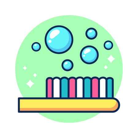 Yellow toothbrush. Bubble. Teeth cleaning. Childrens learning card. Poster for pediatric dentistry. Vector illustration in cartoon styleのイラスト素材