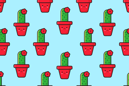 Seamless pattern of cactus in a pot. Vector illustrationのイラスト素材