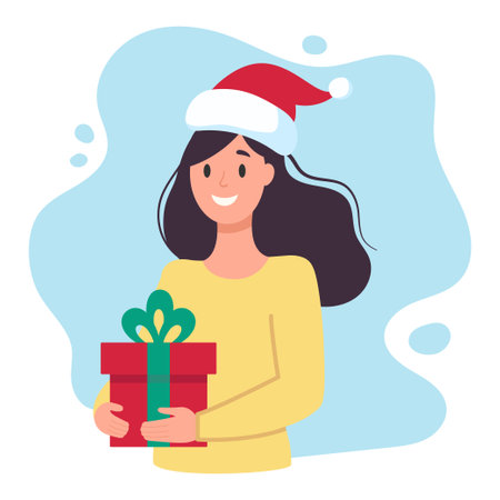 Young dark-haired woman holding a gift. Christmas design. Vector simple flat illustrationのイラスト素材