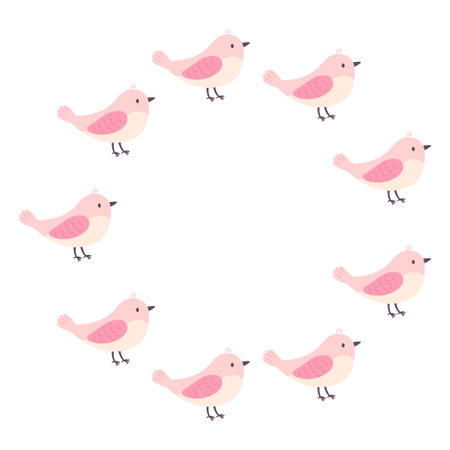 Round frame, funny birds. Vector illustration in flat style.のイラスト素材