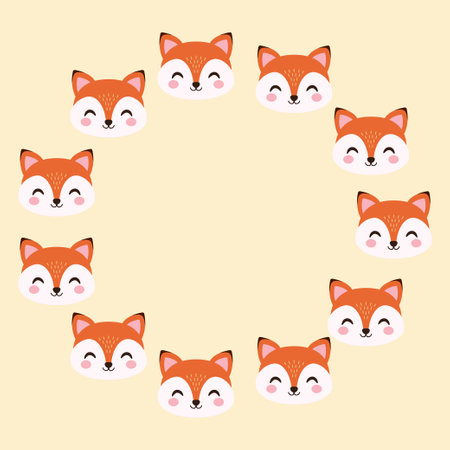 Round frame of cute foxes. Hand drawn. Vector illustration.