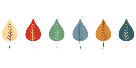 Set of leaves in different colours. Cute leaves drawn by hand. Cosy autumn design. Vector illustrationのイラスト素材