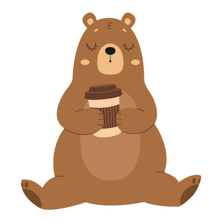 Cute cartoon bear drinking coffee. Isolated background. Vector flat illustrationのイラスト素材