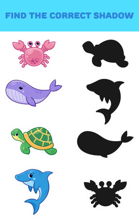 Find the right shadow. Cute sea animals. Educational games for children. Vector illustration.のイラスト素材