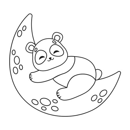 A cute cartoon panda is sleeping on the moon. Colouring page. Isolated white background. Vector illustration.のイラスト素材