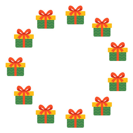 Round frame with gift boxes. Festive design. Isolated background. Flat style vector illustrationのイラスト素材