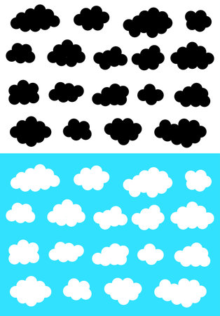 A set of white and black cloud icons on a white and blue background. Isolated background. Vector illustrationのイラスト素材