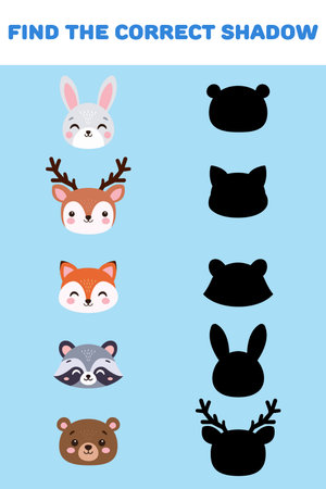 Find the correct shadow. Cute forest animals. Educational games for children. Vector illustratioのイラスト素材