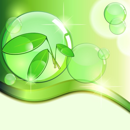 Green background with plant and glossy transparent bubblesのイラスト素材