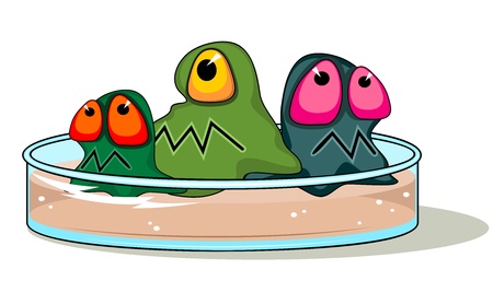 Glass Petri dish with agar and three cartoon germsのイラスト素材