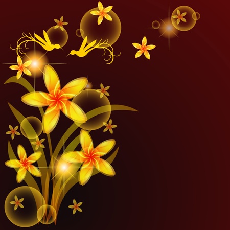 Floral background with bunch of golden flowers and birdsのイラスト素材