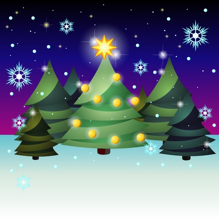 Group of fir trees over dark sky and snowfallのイラスト素材