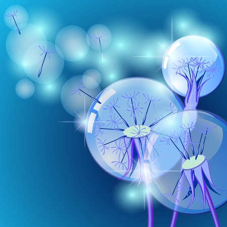 Blue background with shiny spheres and dandelionsのイラスト素材