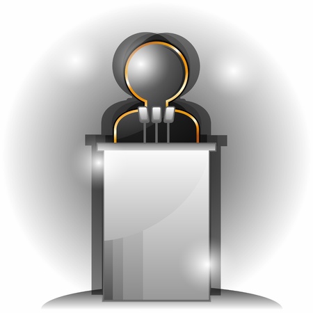 Stylized black man icon and tribune with three microphones のイラスト素材