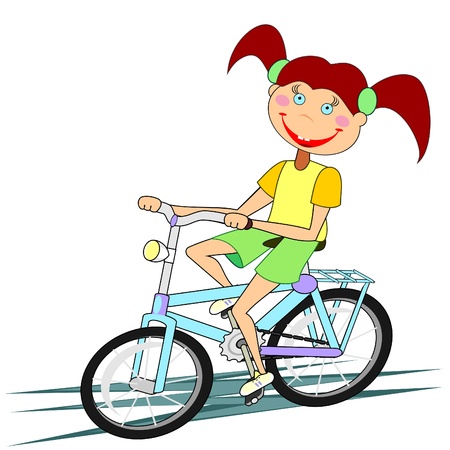 Smiling girl is riding her bike isolated over whiteのイラスト素材