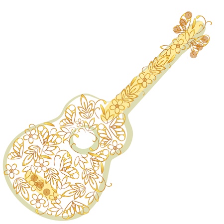 Stylized guitar with golden ornament isolated over white  のイラスト素材