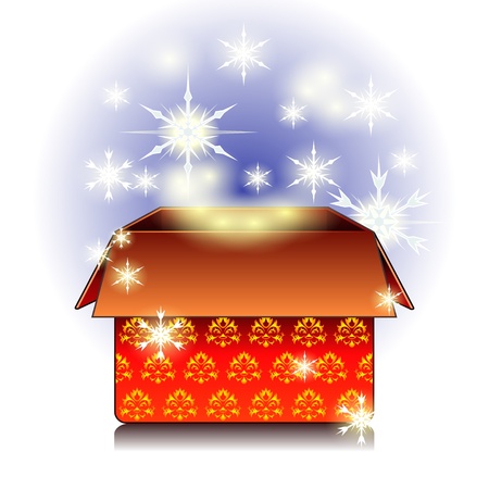 Open red gift box with lights and shining snowflakesのイラスト素材