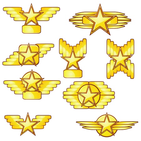 Set of golden badges with stars and wingsのイラスト素材