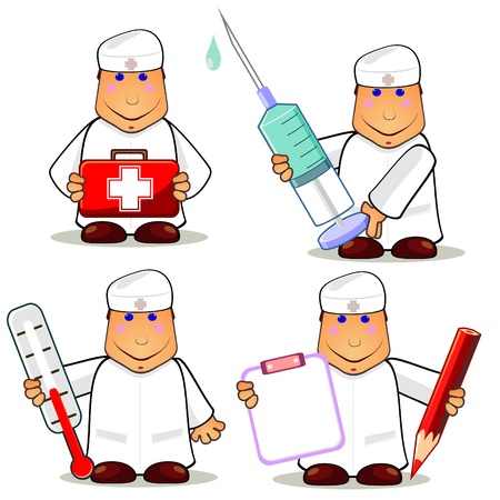 Set of smiling cartoon doctors with different medical thingsのイラスト素材