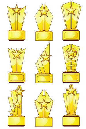 Set of nine gold trophies with stars and blank plaques のイラスト素材