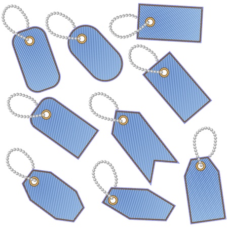 Nine blank blue stitched denim tags with chain made of ballsのイラスト素材