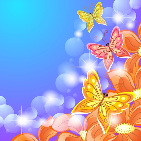 Blue bokeh background with tropic flowers and butterfliesのイラスト素材