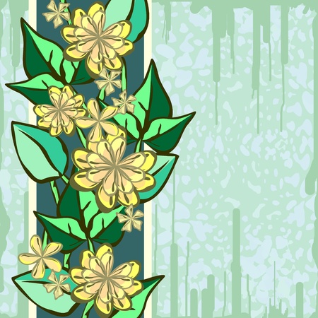Green vintage card with border of leaves and flowersのイラスト素材