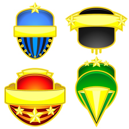 A set of four colorful badges with golden bannersのイラスト素材