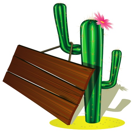 Green cactus with pink flower and wooden billboardのイラスト素材