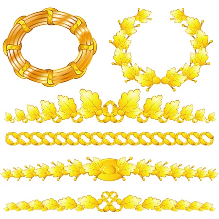 Set of isolated golden wreaths and dividers with oak leavesのイラスト素材