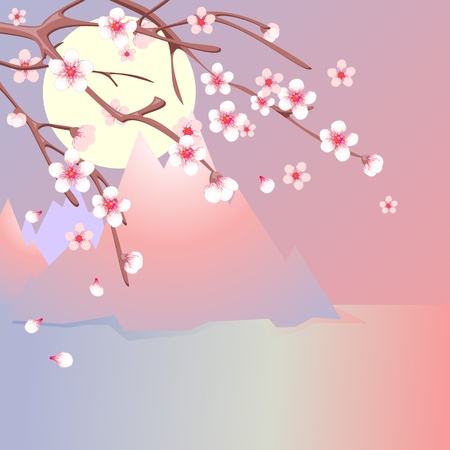 Branches of blooming cherry and  sea with mountainsのイラスト素材