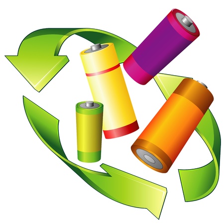 Recycle sign and four colorful batteries over whiteのイラスト素材