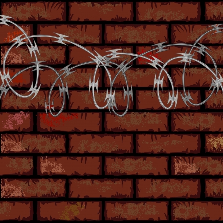 Urban industrial background with brick wall and razor wireのイラスト素材