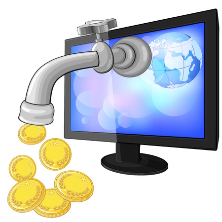 Computer monitor with faucet and dripping golden coinsのイラスト素材