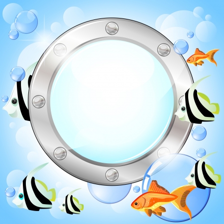 Blank porthole and fish and bubbles over blue のイラスト素材