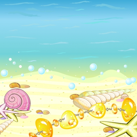 Marine background with sea shells and amber beading on sandのイラスト素材