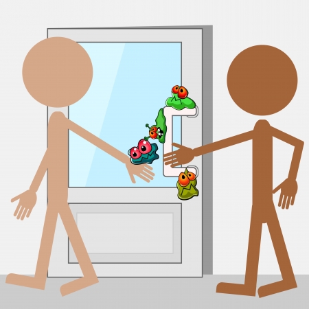 Doodle people and door with cartoon germsのイラスト素材