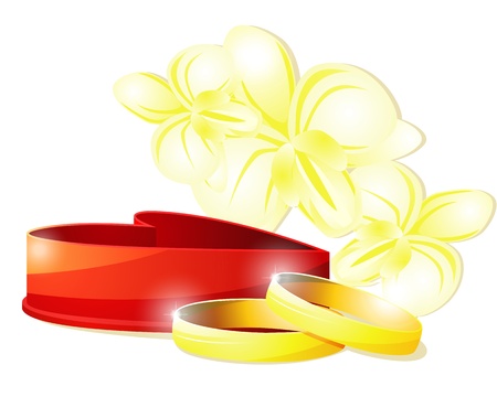Two wedding rings and red box against pale yellow orchidsのイラスト素材