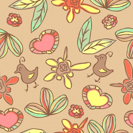 Doodle seamless background with flowers and leaves and heartsのイラスト素材