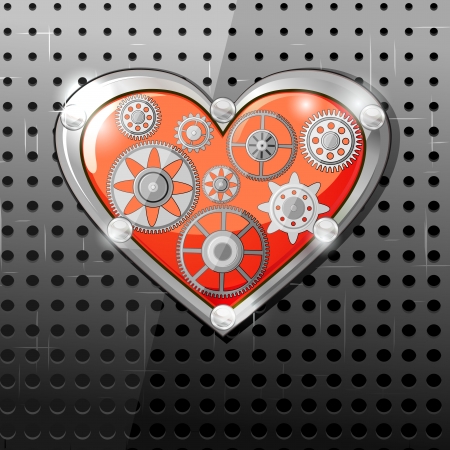 Red heart with gears over dark perforated backgroundのイラスト素材
