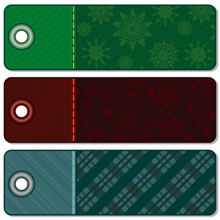 Three textured Christmas tags with stitches and shadowsのイラスト素材